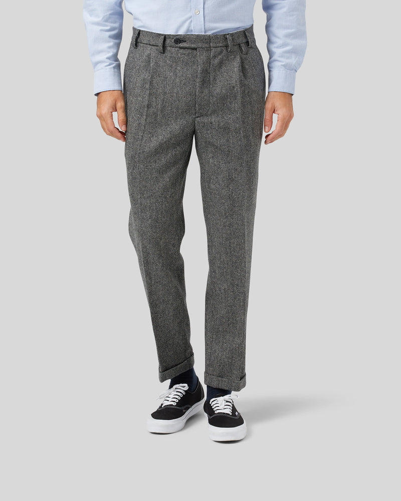 Dark Grey Herringbone Pleated Vigo Pants in Pure Wool